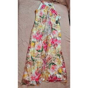 Ignite Evenings 14 Petite Pink Multi Floral Beaded Halter Chiffon Maxi Dress NWT